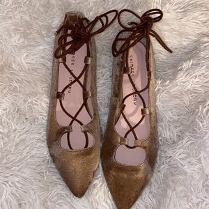 Chinese Laundry Dusty Pink Micro Suede Lace-up Pointy Toe Ankle Wrap Ballet Flat